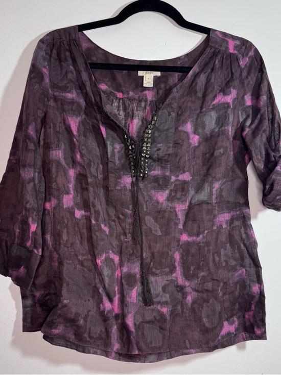 J. Crew Tops - J.Crew Blouse Purple Pink Abstract Beaded Tassel Roll Tab Top